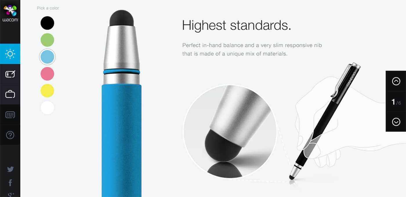 Product mockup showing a blue stylus center, circular close-up of its nib, and a black pen on the right, with a vertical left color toolbar.