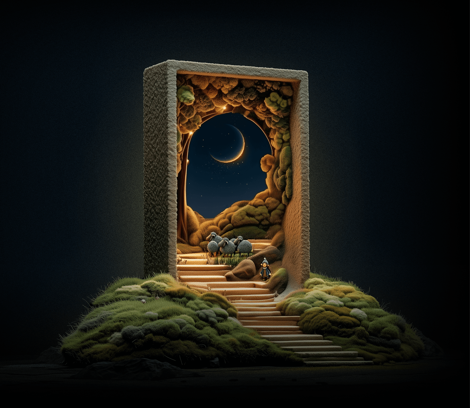 Stone doorway framed by mossy rocks opens to a moonlit cavern with steps, a crescent moon and stars, grazing sheep, and a small traveler.