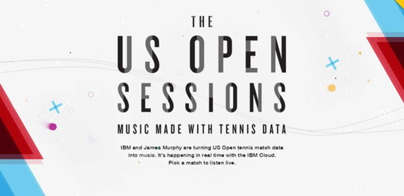 Promotional banner for The US Open Sessions reading 'Music Made with Tennis Data' with red and blue geometric shapes on a pale background.