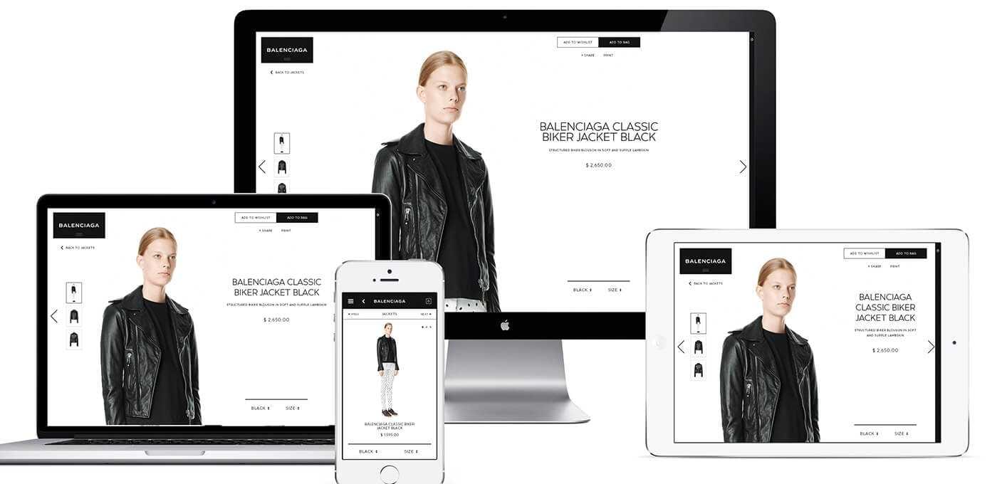 Group of devices—desktop, laptop, tablet, and smartphone—display a Balenciaga product page featuring a model in a black leather biker jacket on a white background.