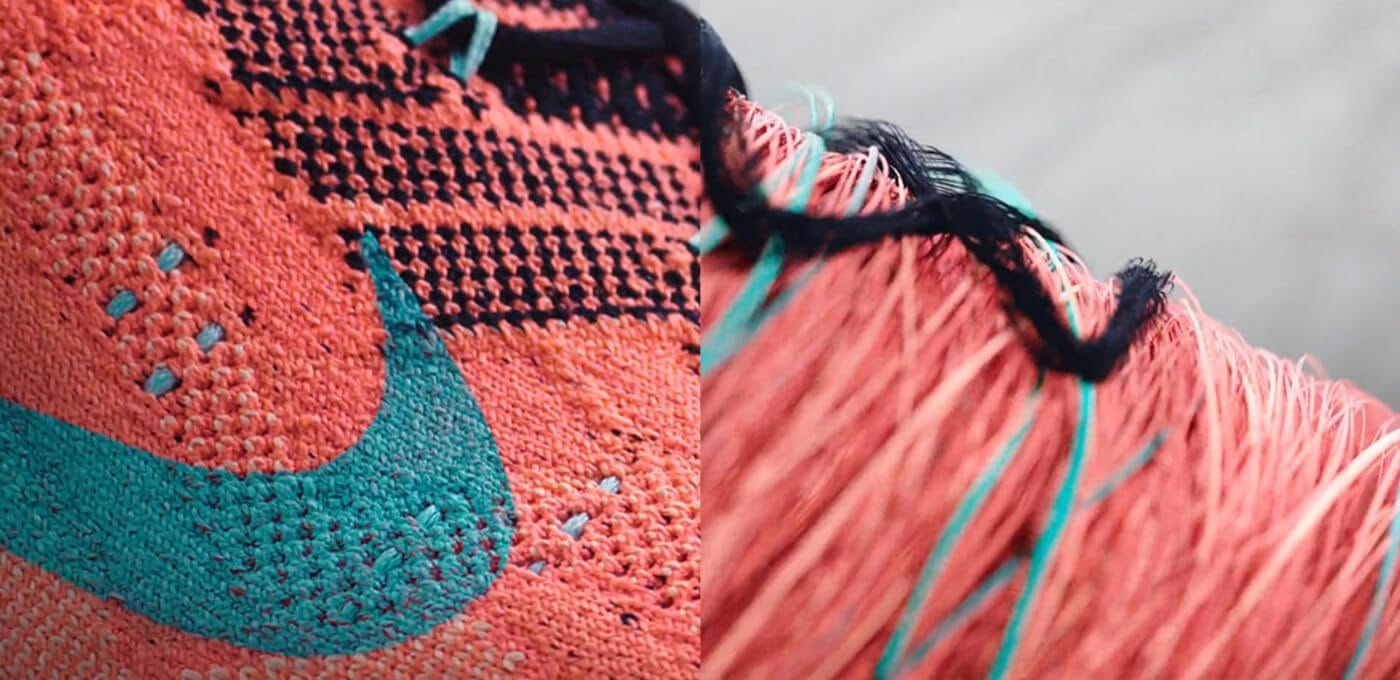 Split close-up: left shows orange knit fabric with a turquoise Nike swoosh; right shows red-orange hair-like fibers with turquoise strands and a dark strand.