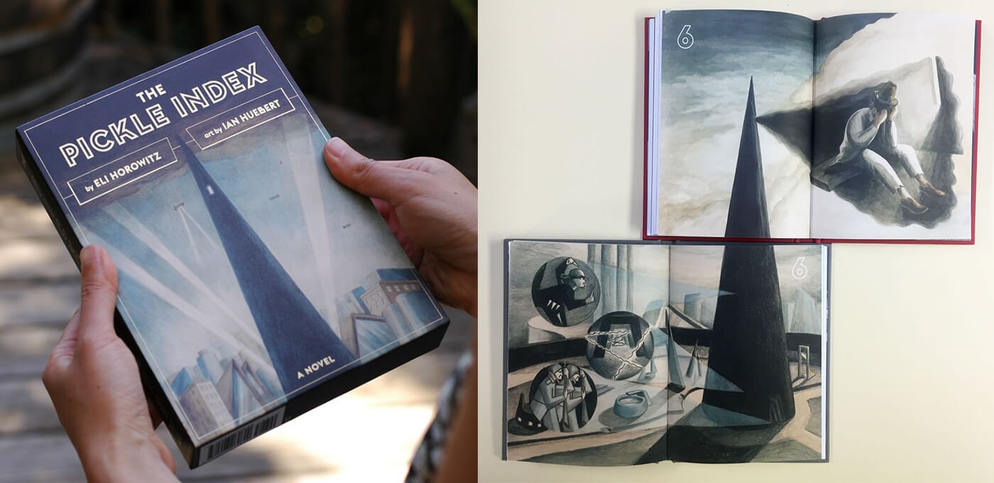 A person holds a blue boxed copy of The Pickle Index; to the right, an open book shows surreal grayscale art with tall black spires and geometric shapes.