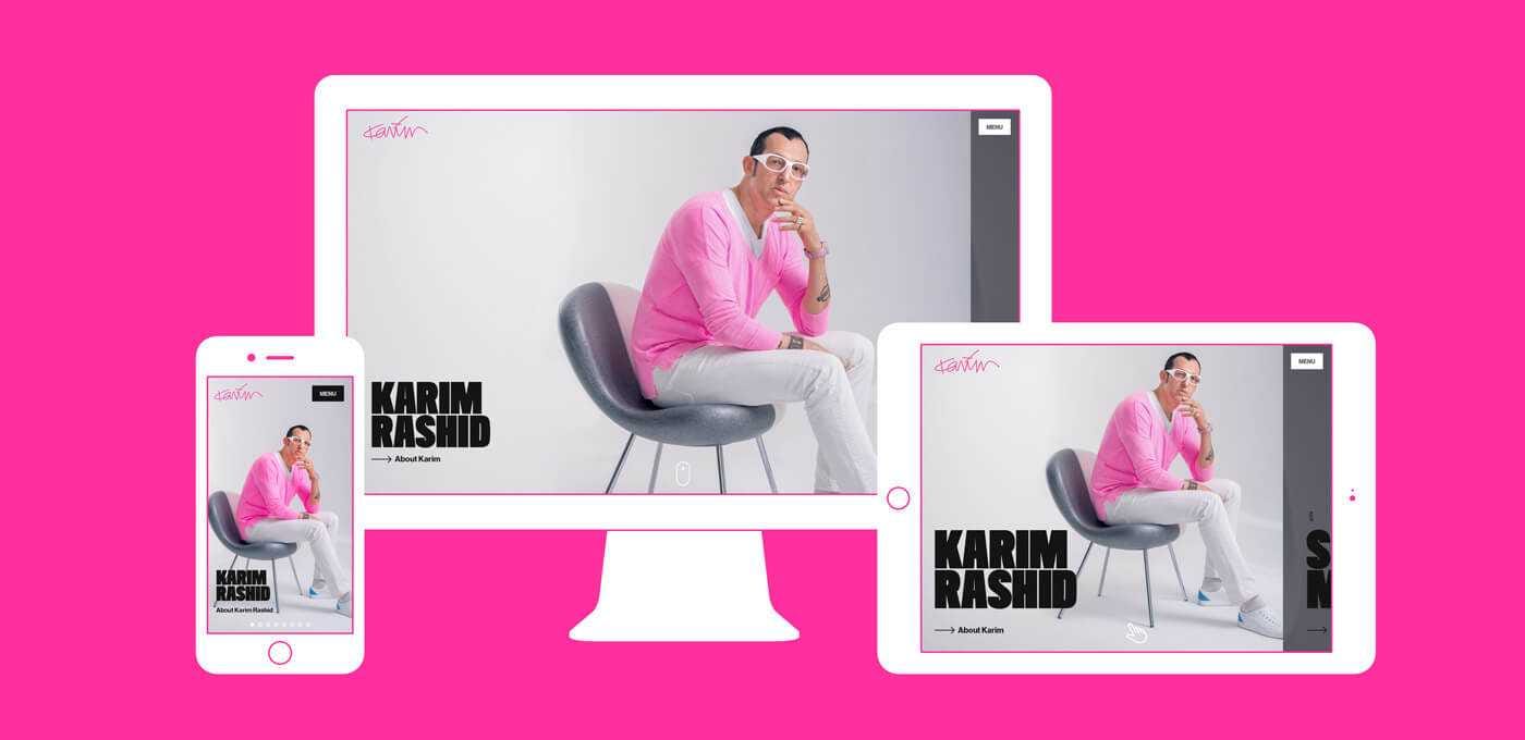 Bright pink background with white-framed devices showing a person in a pink sweater and white pants seated on a chair; bold KARIM RASHID text.
