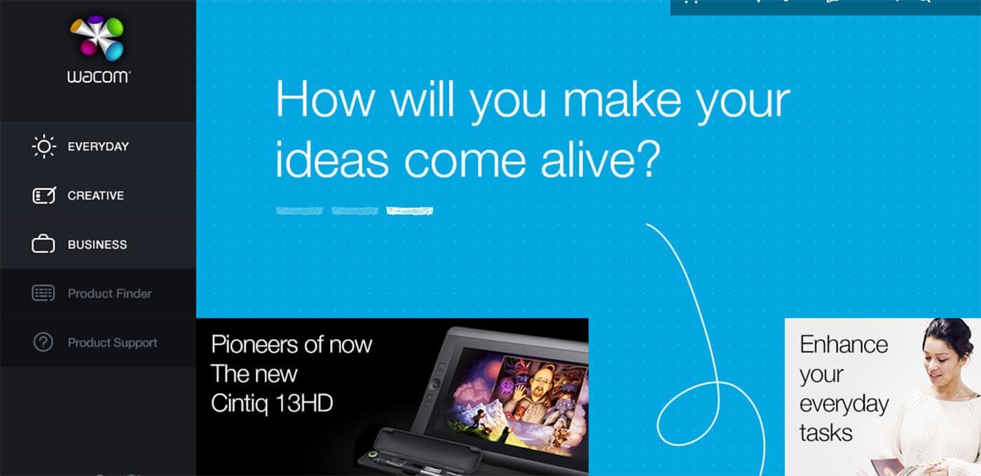 Blue ad with dotted background and large headline "How will you make your ideas come alive?"; left dark nav with Wacom logo; bottom-left Cintiq 13HD promo; right a person.