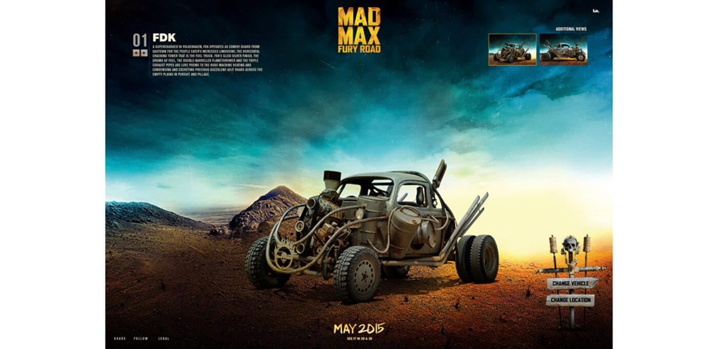 Rugged customized car in a barren desert with a blue-to-yellow sky; Mad Max: Fury Road logo at the top and a signpost with "Change Vehicle" on the right.