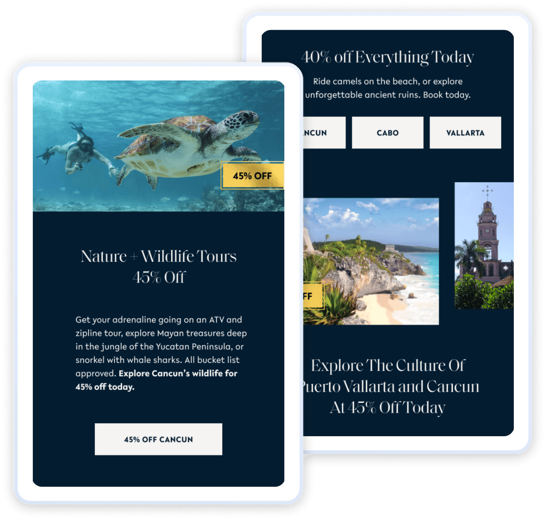Two overlapping dark-blue travel promo panels with tropical imagery (snorkeling turtle, beaches, landmarks) advertising 45% off trips to Cancun and Puerto Vallarta.