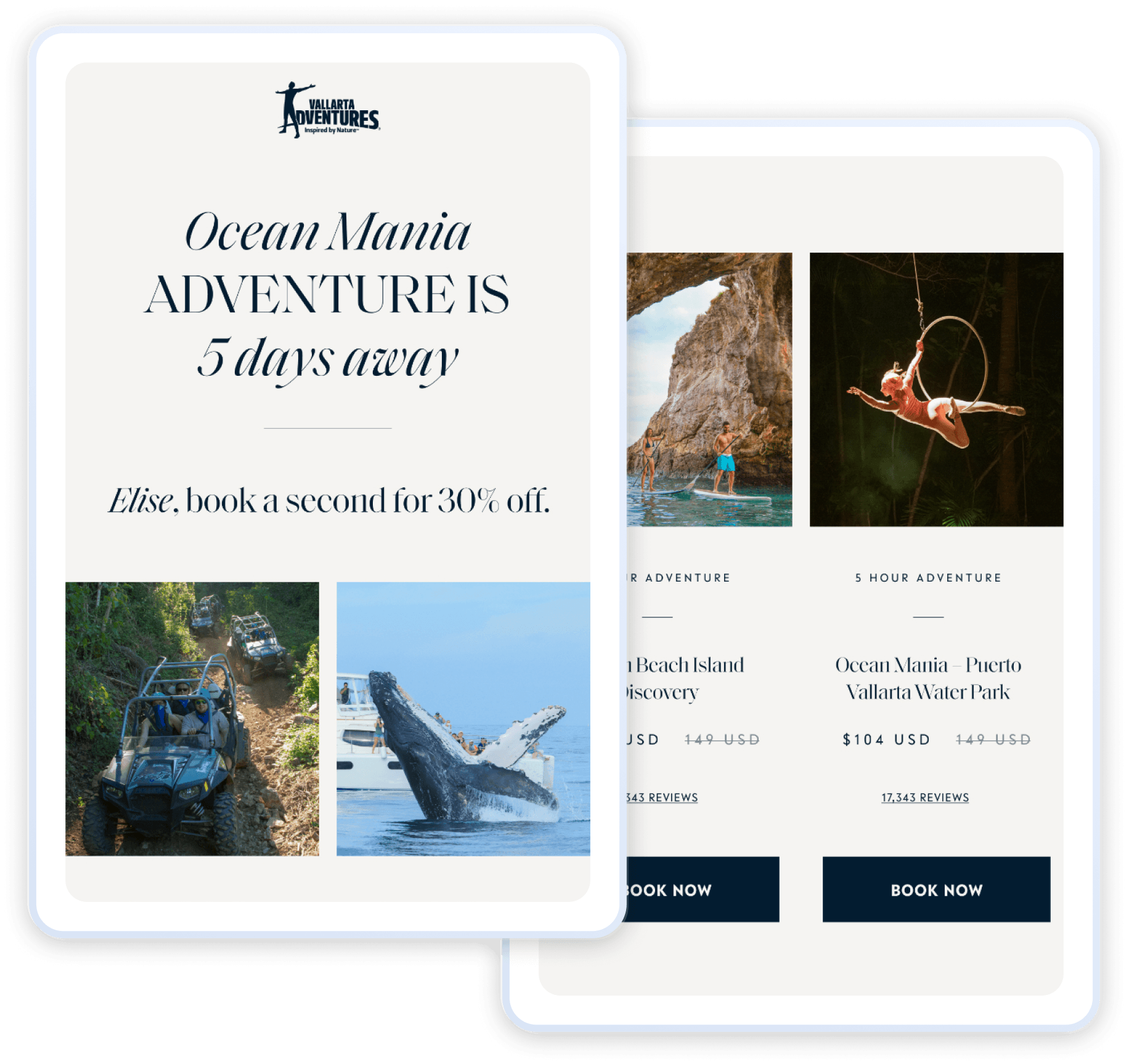 Vallarta Adventures Ocean Mania brochure; left promo text with ATV and whale photo, right zipline and aerial adventure images with Book Now buttons.