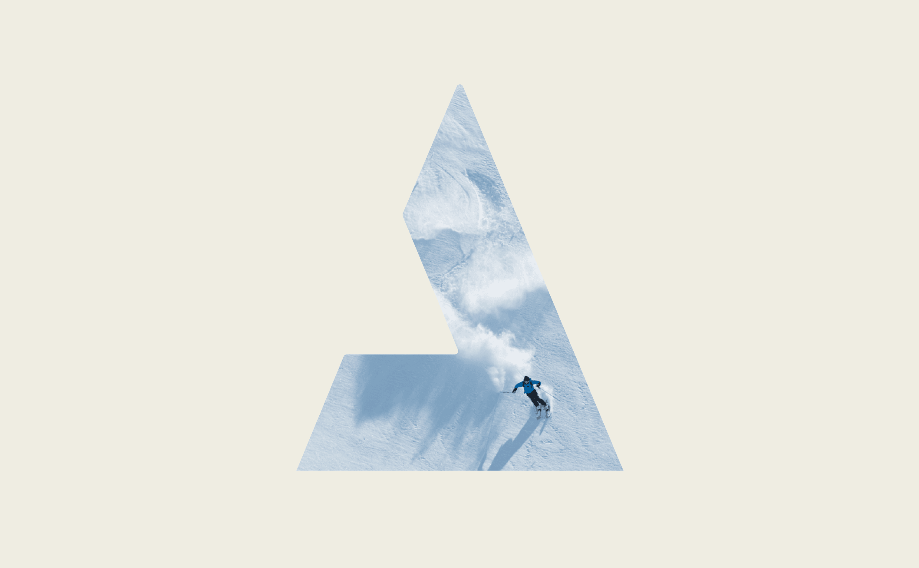 Beige background featuring a large triangular cutout showing a snowy mountain scene and a blue-clad snowboarder carving down the slope.