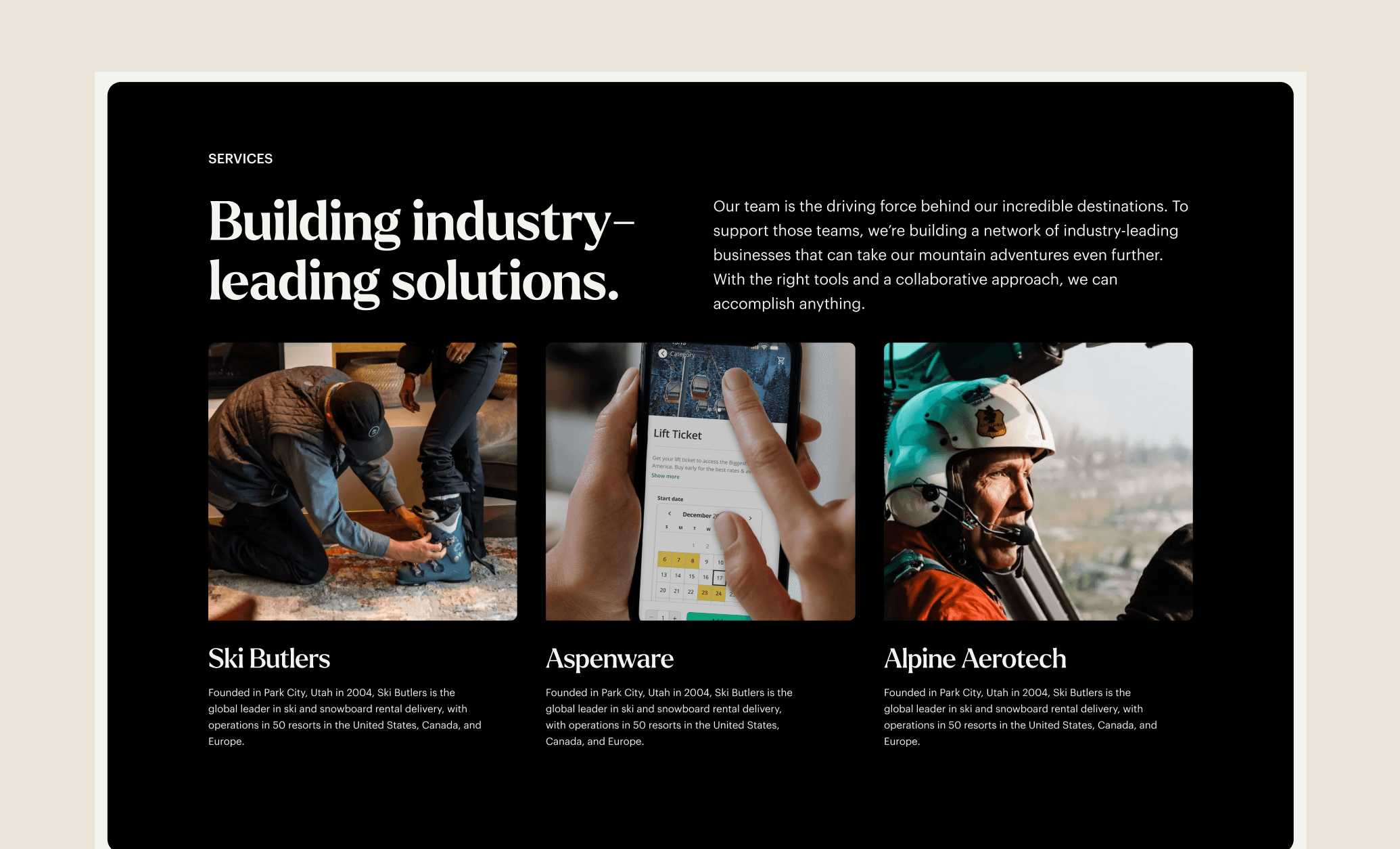 Dark services hero with bold white headline 'Building industry-leading solutions' and three image tiles showing ski boot fitting, a lift-ticket app on a phone, and a helmeted pilot.