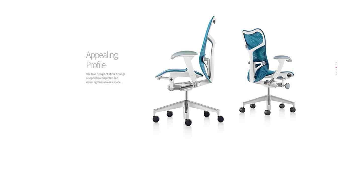 Two white and blue ergonomic office chairs with metal bases on a white background; one chair is reclined while the other is shown from the side.
