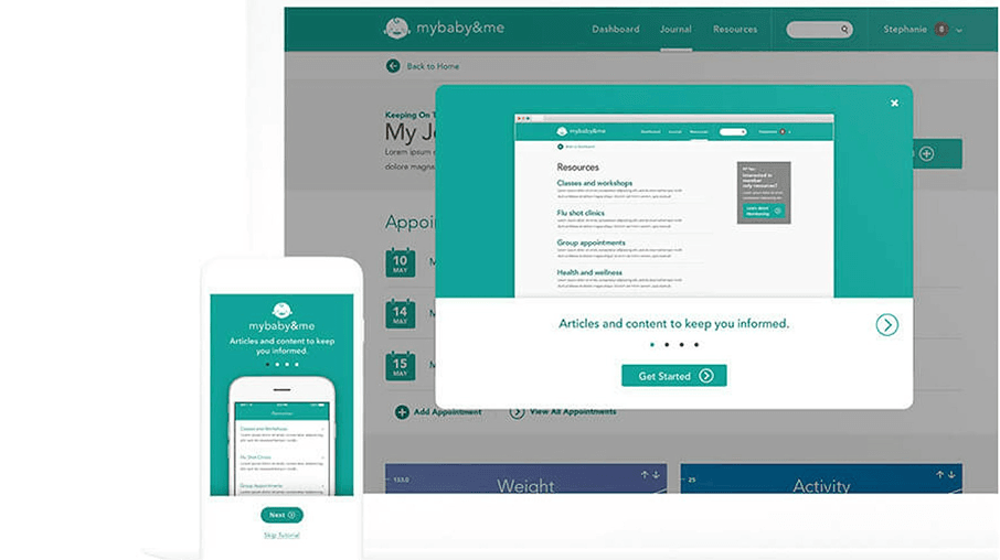 Teal-themed MyBaby&Me dashboard mockups on a smartphone and a monitor, featuring Resources and a Get Started button.