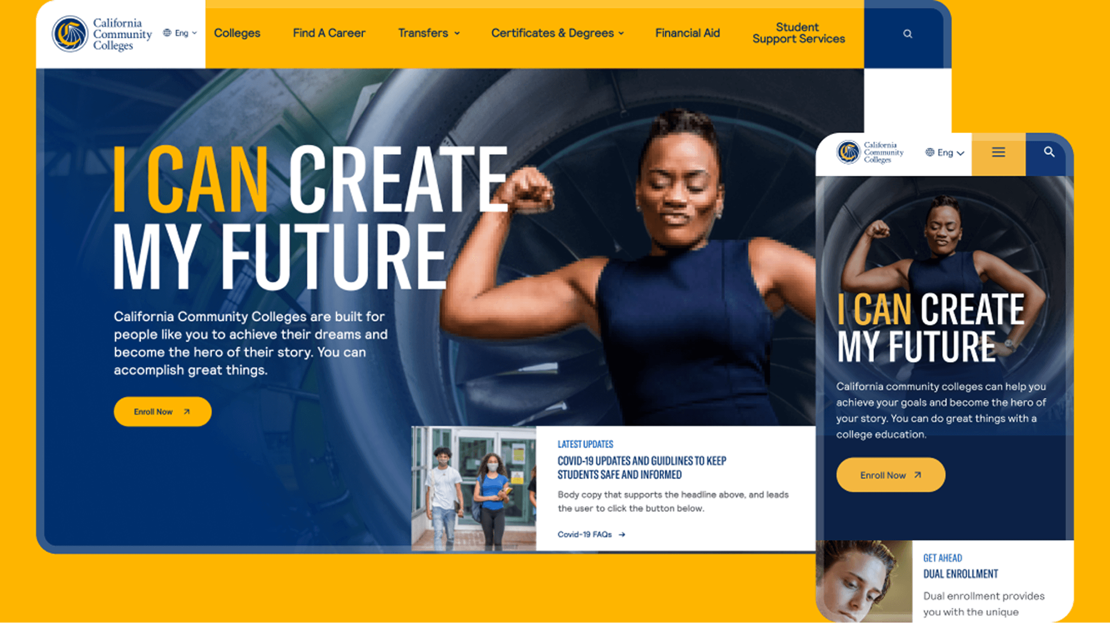 Hero banner for California Community Colleges with a person flexing, bold "I CAN CREATE MY FUTURE" text on blue gradient, yellow accents, and a mobile preview.