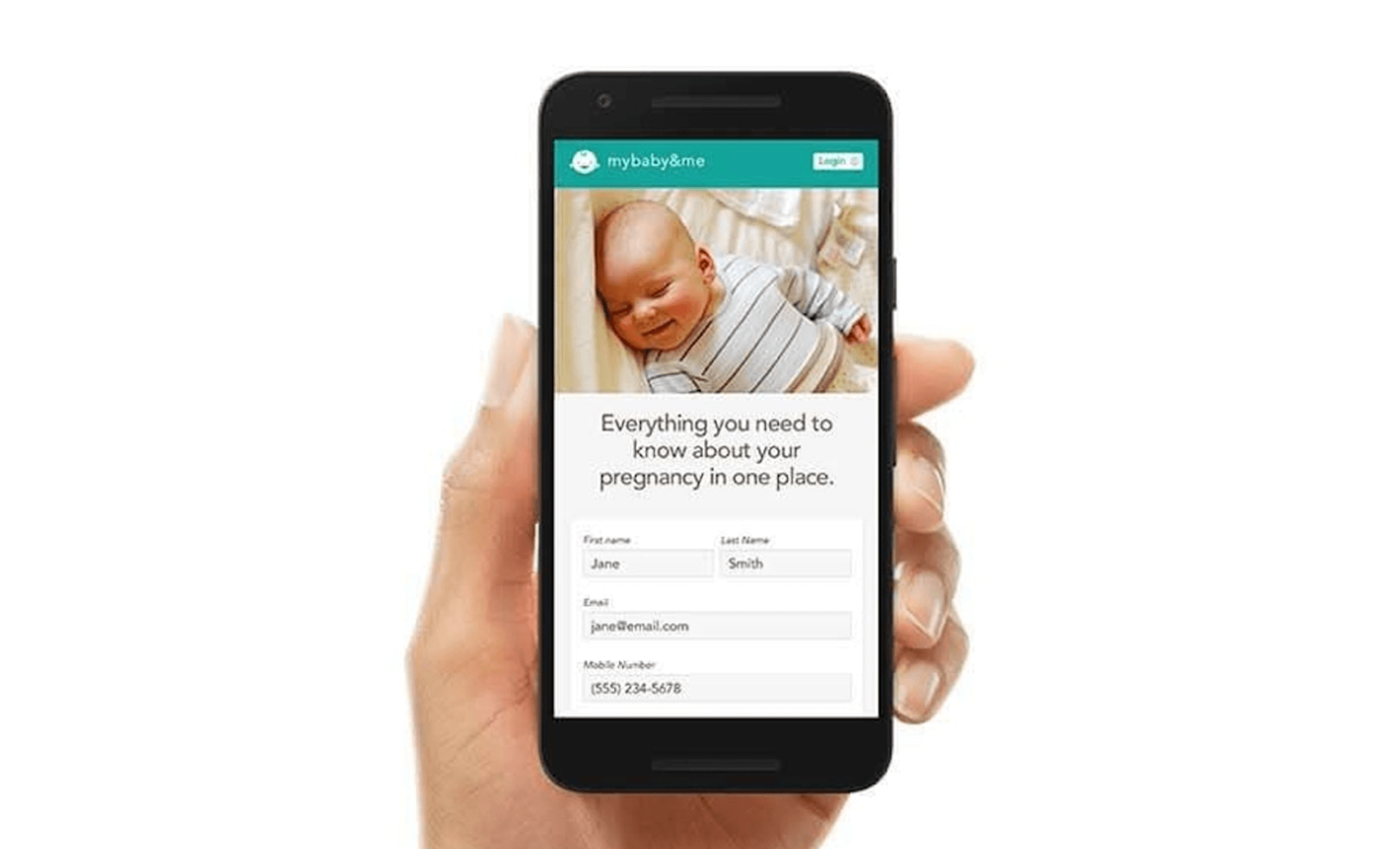Hand holding a smartphone displaying a baby photo and a pregnancy app form for mybaby&me, including name, email, and mobile fields.