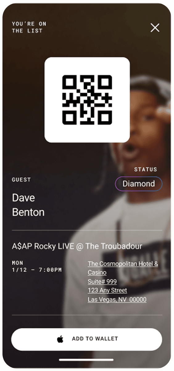 Mobile event pass with a central QR code, showing guest Dave Benton, status Diamond, 'You're on the list,' and an 'Add to Wallet' button.