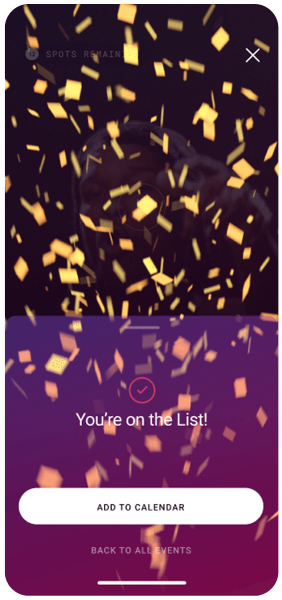 Mobile event confirmation screen with orange confetti, purple gradient background, showing You're on the List! and a white Add to Calendar button.