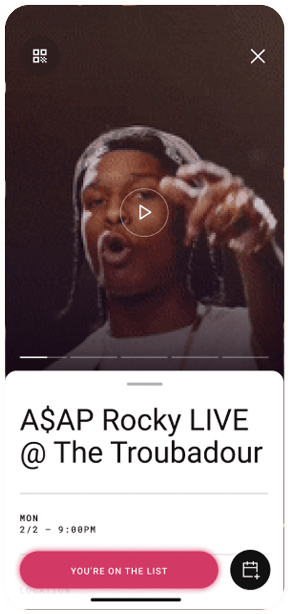 Livestream frame of a person wearing a headscarf performing on camera; overlay reads "A$AP Rocky LIVE @ The Troubadour" with a pink "YOU'RE ON THE LIST" button.