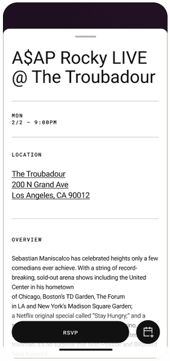 Mobile screen displaying an event flyer for A$AP Rocky Live at The Troubadour, Mon 2/2 9:00 PM; 200 N Grand Ave, Los Angeles, CA 90012; overview text.