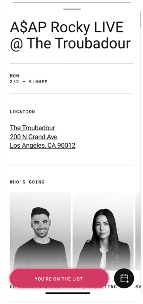 Mobile screen shows A$AP Rocky LIVE at The Troubadour: Mon 2/2, 9 PM; 200 N Grand Ave, LA. Two grayscale headshots and a pink 'You're on the list' banner.