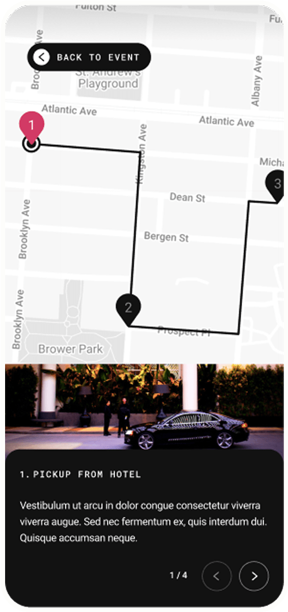 A map route from pink pin 1 to black pins 2 and 3 along city streets; top shows Back to Event button. Below, a hotel pickup photo with text panel.