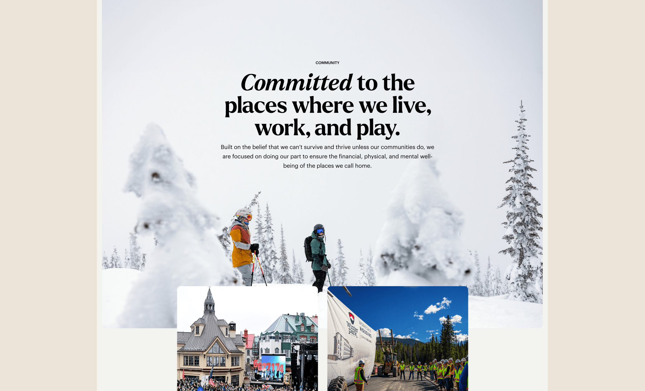Snowy forest with two skiers in bright jackets; bold headline about committing to the places we live, work, and play, with town photos at the bottom.