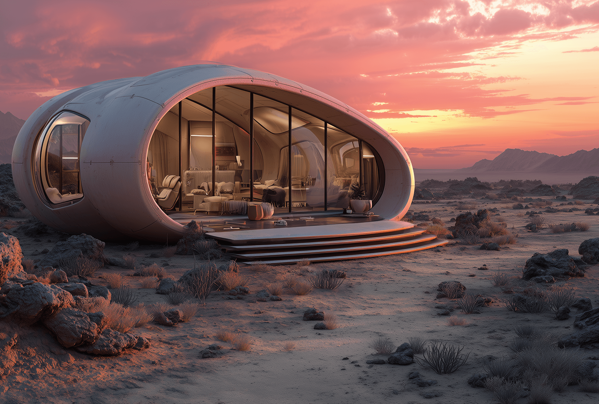 Futuristic oval glass-walled dwelling in a desert at sunset; warm interior visible through curved panes, with steps to the entrance amid rocky terrain.