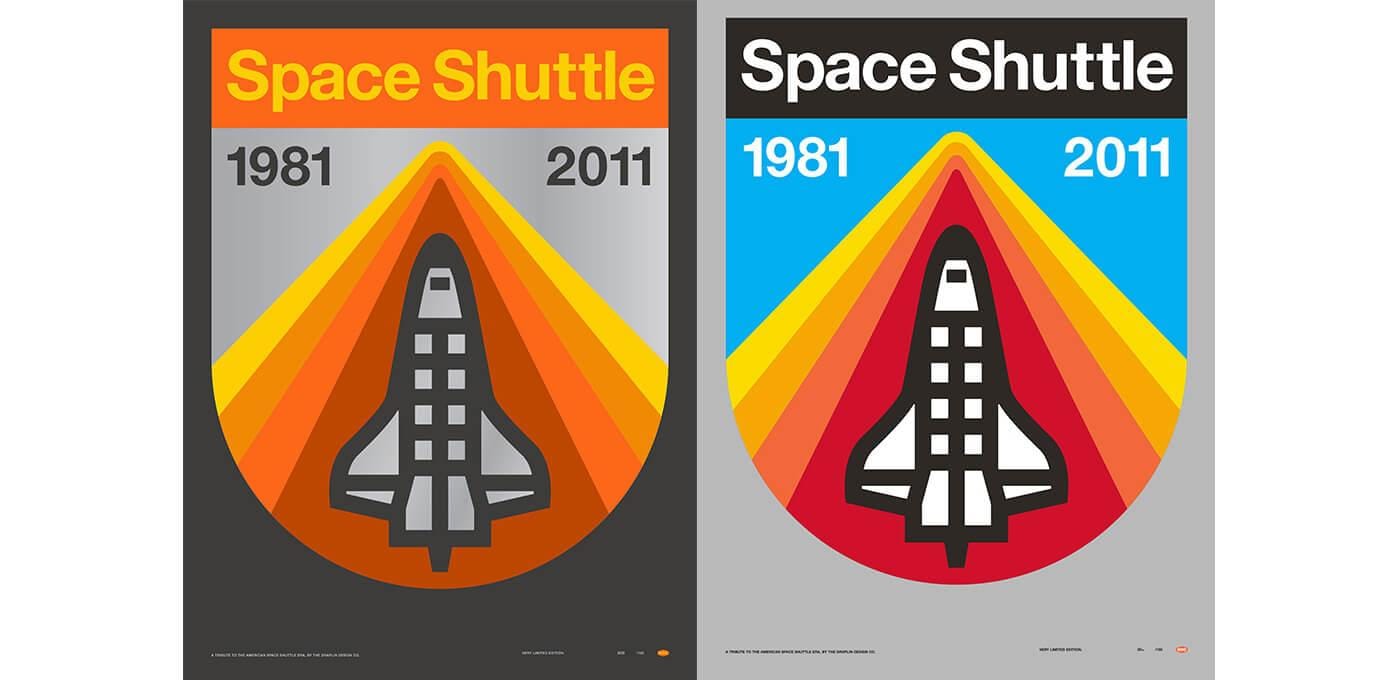 Two Space Shuttle posters side by side with a stylized shuttle inside orange‑yellow rays and the years 1981 and 2011; left gray, right blue.