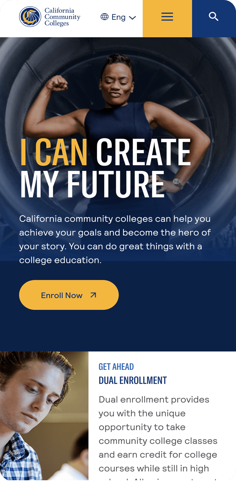 Person flexing an arm in front of a large turbine, overlaid by the bold headline I CAN CREATE MY FUTURE on a California Community Colleges page.