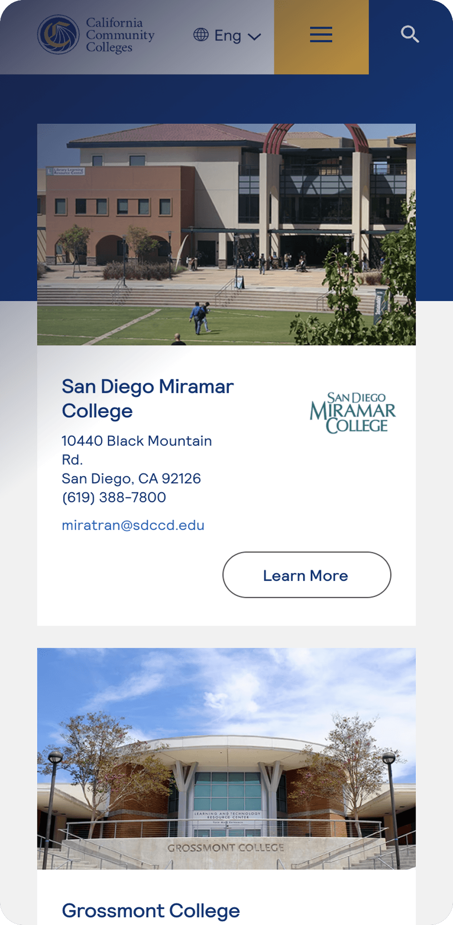 Webpage header and two campus photos: San Diego Miramar College building with people and a contact card, plus a lower photo of Grossmont College.