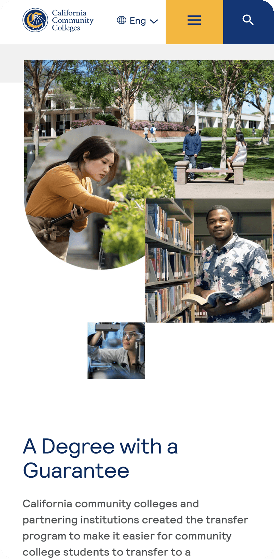 Campus collage: person tending plants, people outdoors by a bench, a librarian among shelves, and a scientist in a lab, with the California Community Colleges logo.