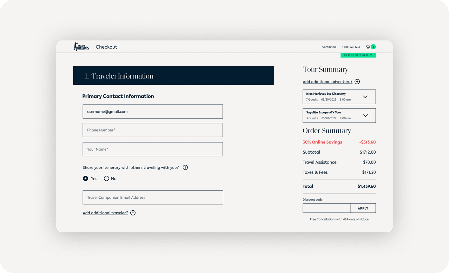 Checkout page with Traveler Information form on the left and Tour Summary on the right, including contact fields and the order total.