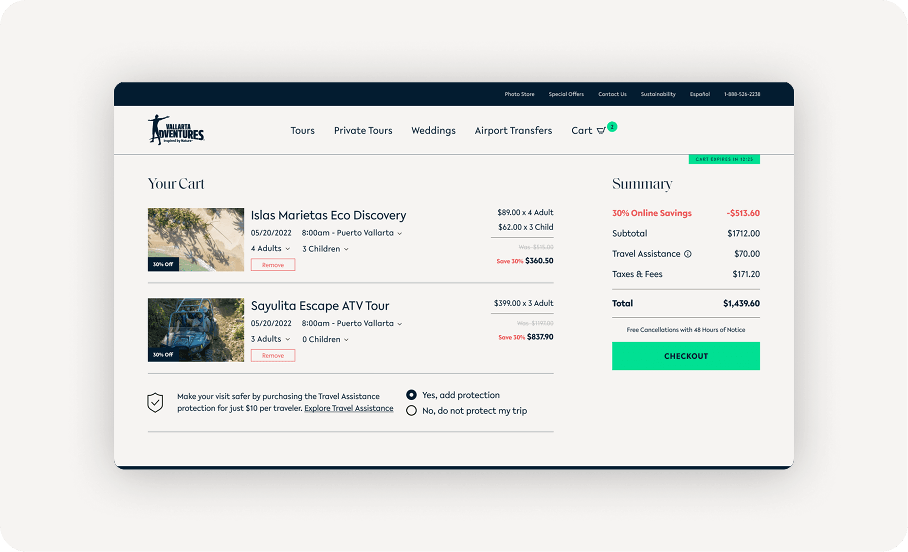 Cart page with two tour items, thumbnails and dates, per-person pricing including a 30% off badge, and a right-side summary showing subtotal, taxes, total, and a green Checkout button.