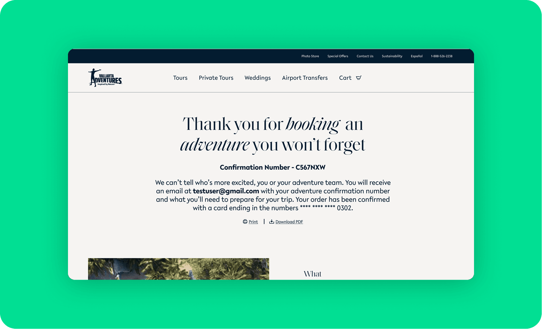 Booking confirmation page for an adventure tour site, with a logo on the left, top navigation, and a large serif headline reading "Thank you for booking an adventure you won’t forget".