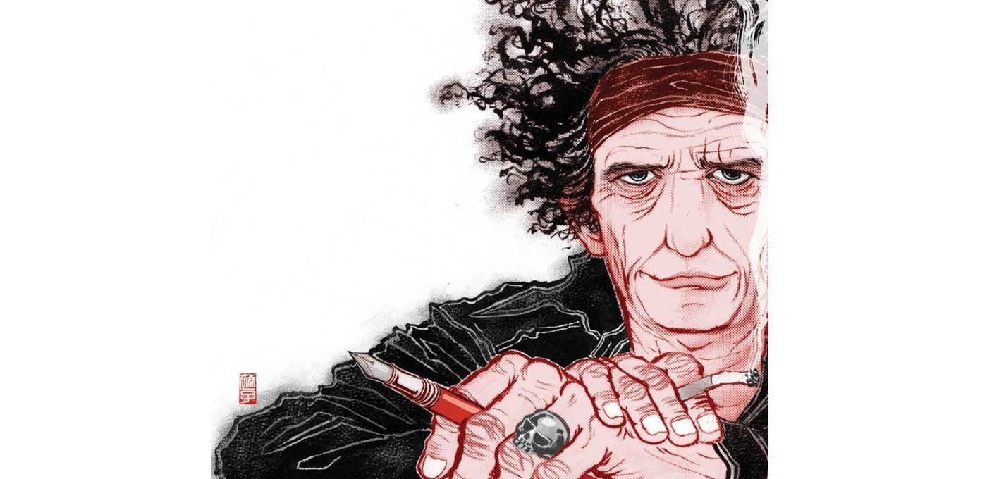 A stylized portrait of an older person with curly hair and a serious expression, gripping a red pen and wearing a skull-ring on the finger.