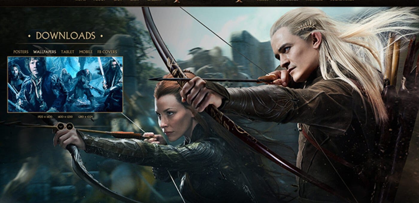 Epic fantasy game banner featuring two archers drawing bows, a blue poster montage on the left, and the word DOWNLOADS above.