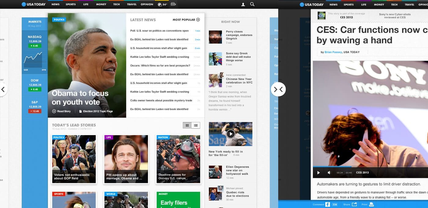 Two overlapping news pages: left shows a large portrait with a youth-vote headline; right shows a CES article with a person covering their face.