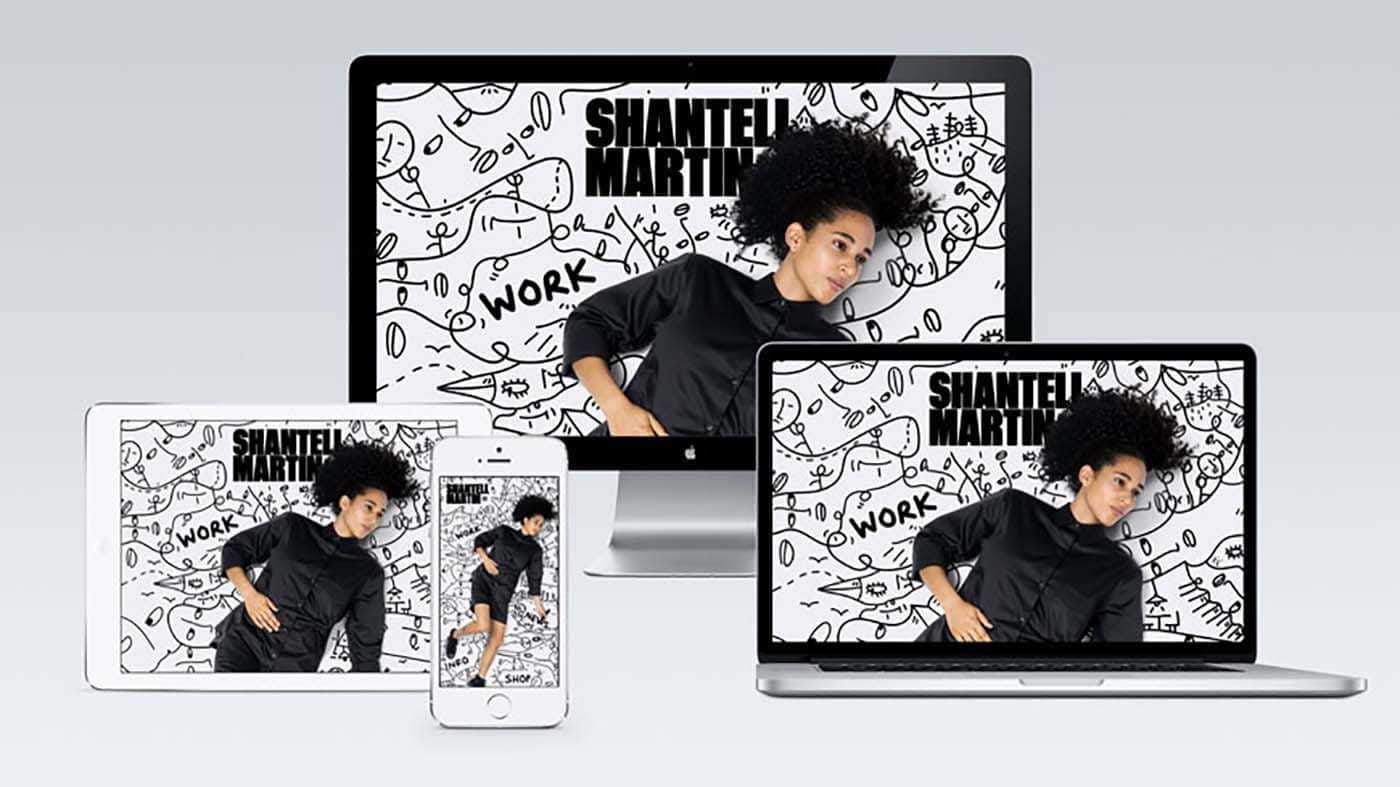 Person with curly hair in black clothing across devices (desktop, laptop, tablet, phone) on a doodle background with SHANTEL MARTIN WORK.