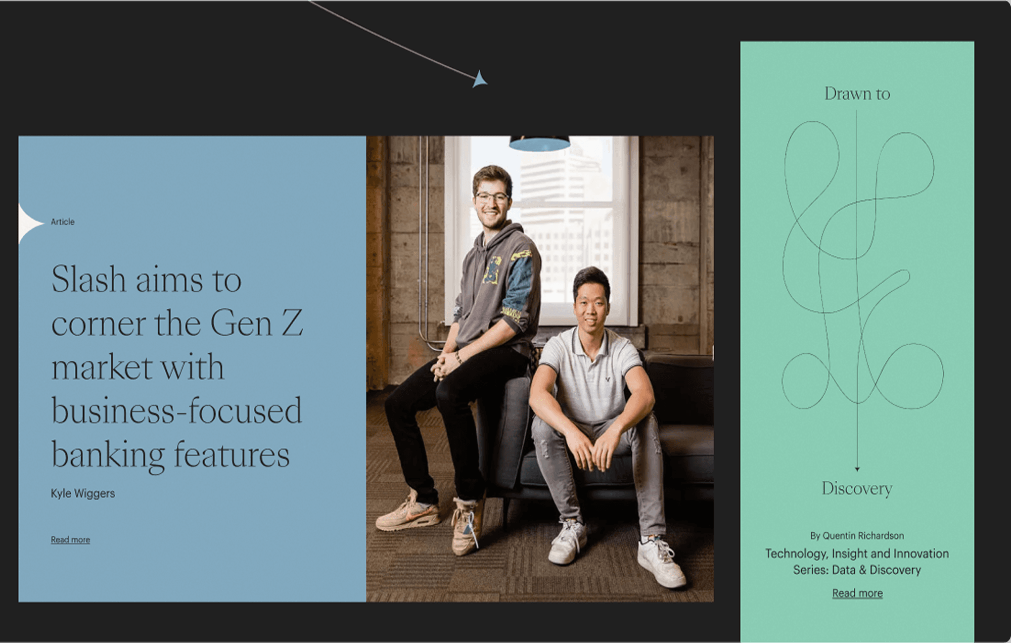 Three-panel article layout: left light-blue text panel, middle photo of two individuals sitting on a couch in an office, right mint poster featuring abstract line art.