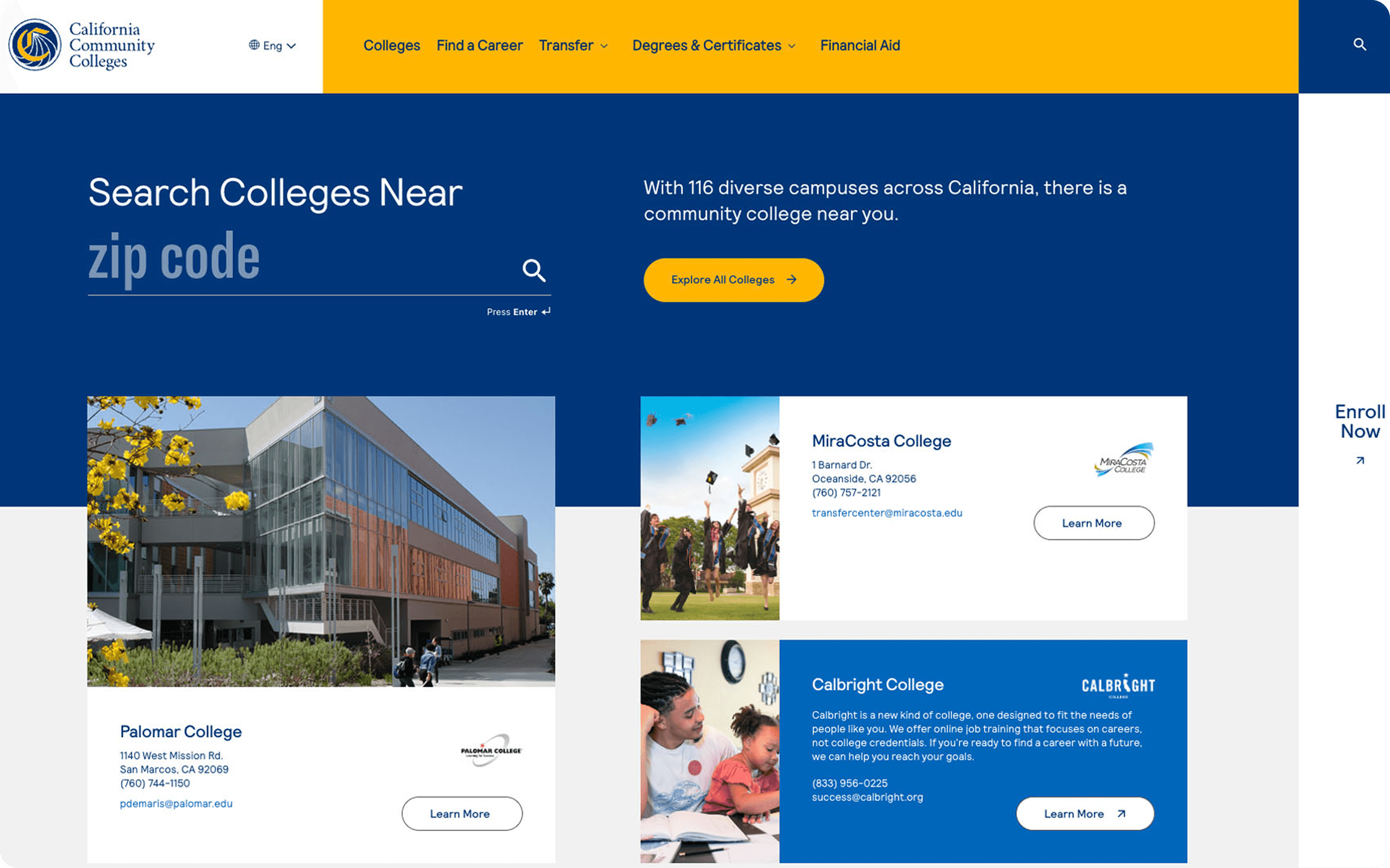 Blue California Community Colleges homepage hero with a zip code search, yellow Explore All Colleges button, and three college cards (Palomar, MiraCosta, Calbright).