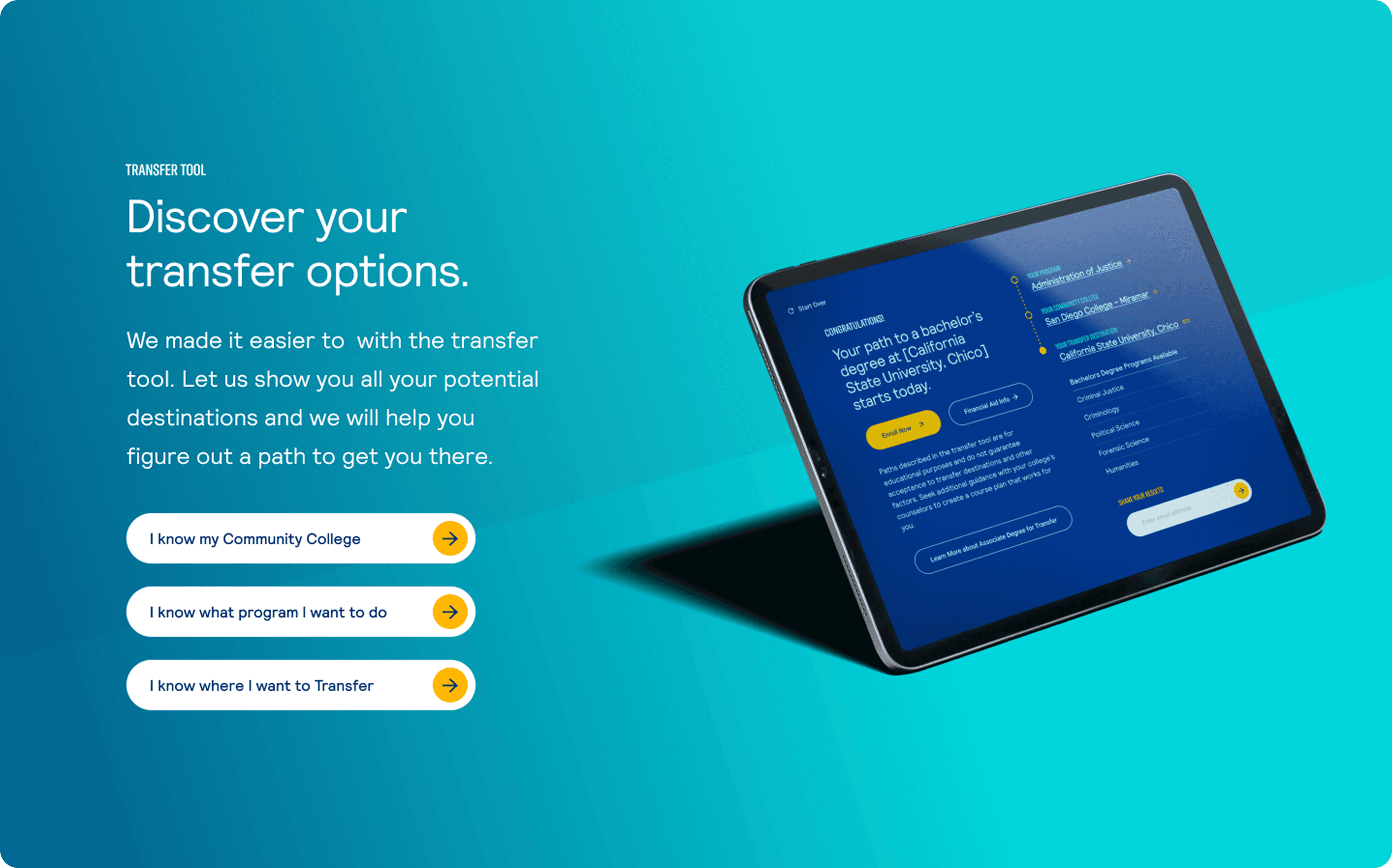 Teal gradient background with a tilted tablet on the right showing a transfer tool UI; left has three white rounded buttons with yellow arrows.