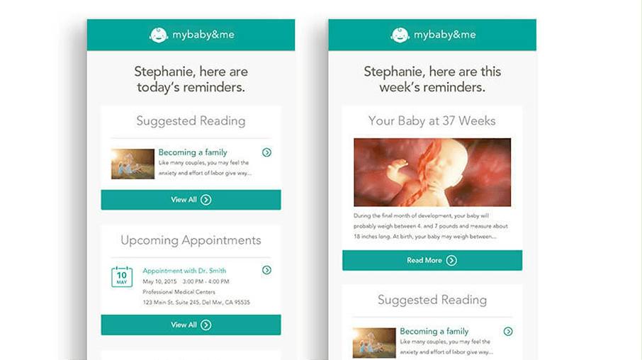 Two teal-accented mobile screens showing a baby app with today reminders, weekly reminders, and suggested reading cards plus an upcoming appointment.