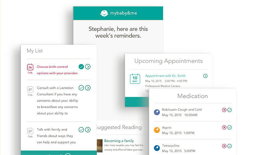 Mobile app mockup for mybaby&me showing My List, Upcoming Appointments, Medication, and Suggested Reading with a teal header.