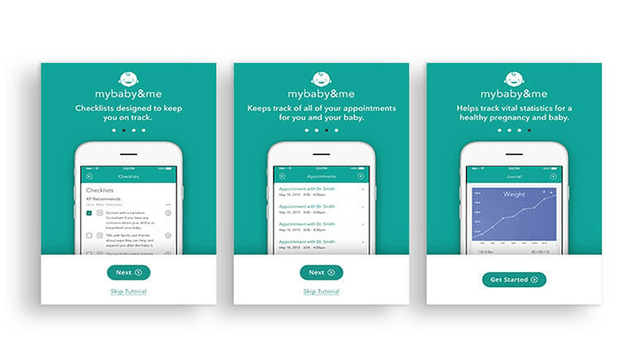 Three teal onboarding panels for the mybaby&me app, each showing a smartphone screen with a checklist, appointment list, and a weight chart.