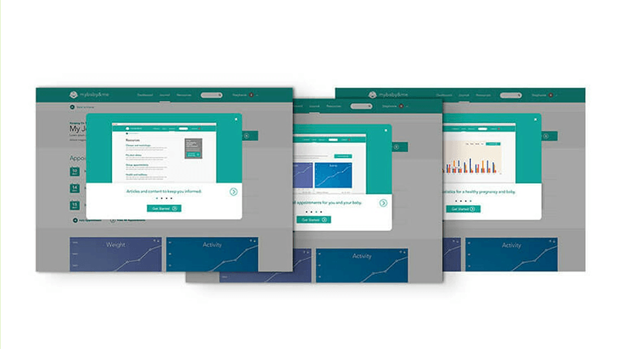 Overlapping teal-accented dashboard panels showing charts, graphs, and widgets from a baby-care app interface.