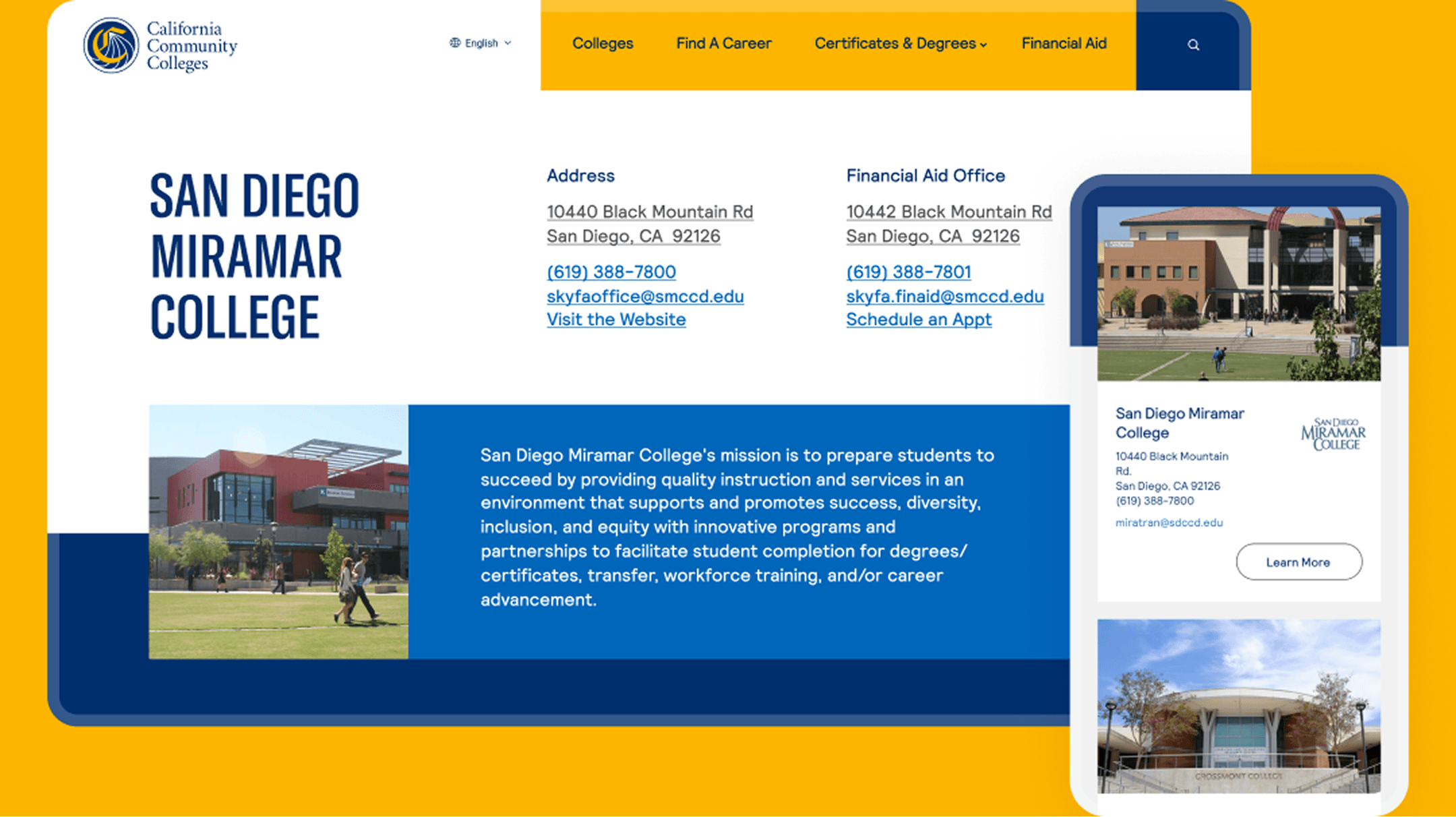 San Diego Miramar College homepage mockup with a bright yellow border, left blue title, central blue mission panel, contact info blocks, and a right-side card with campus photos.