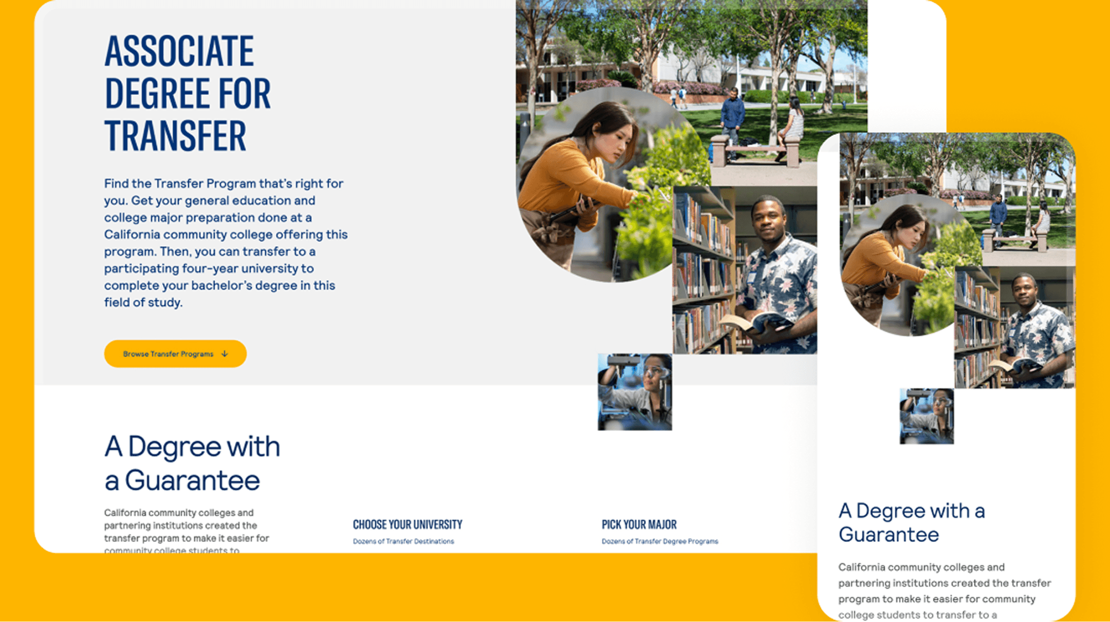 Hero section: left panel shows 'Associate Degree for Transfer' with a yellow CTA; right-side circular campus photo collage; lower text 'A Degree with a Guarantee'.