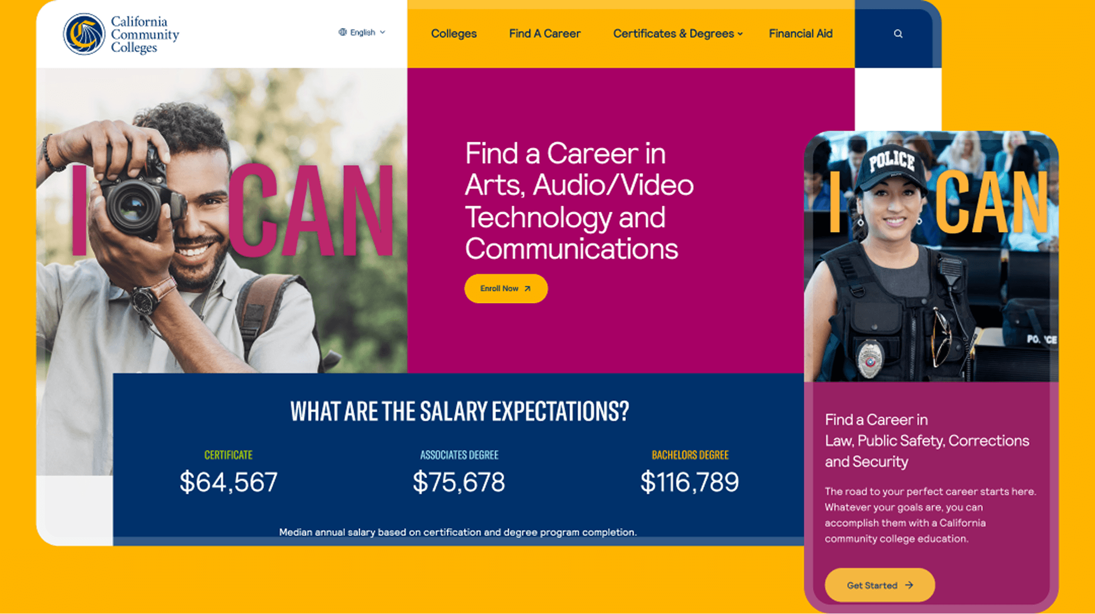 Collage-style banner for California Community Colleges with a photographer, a police officer, bold "I CAN" text, career panels, and salary statistics.
