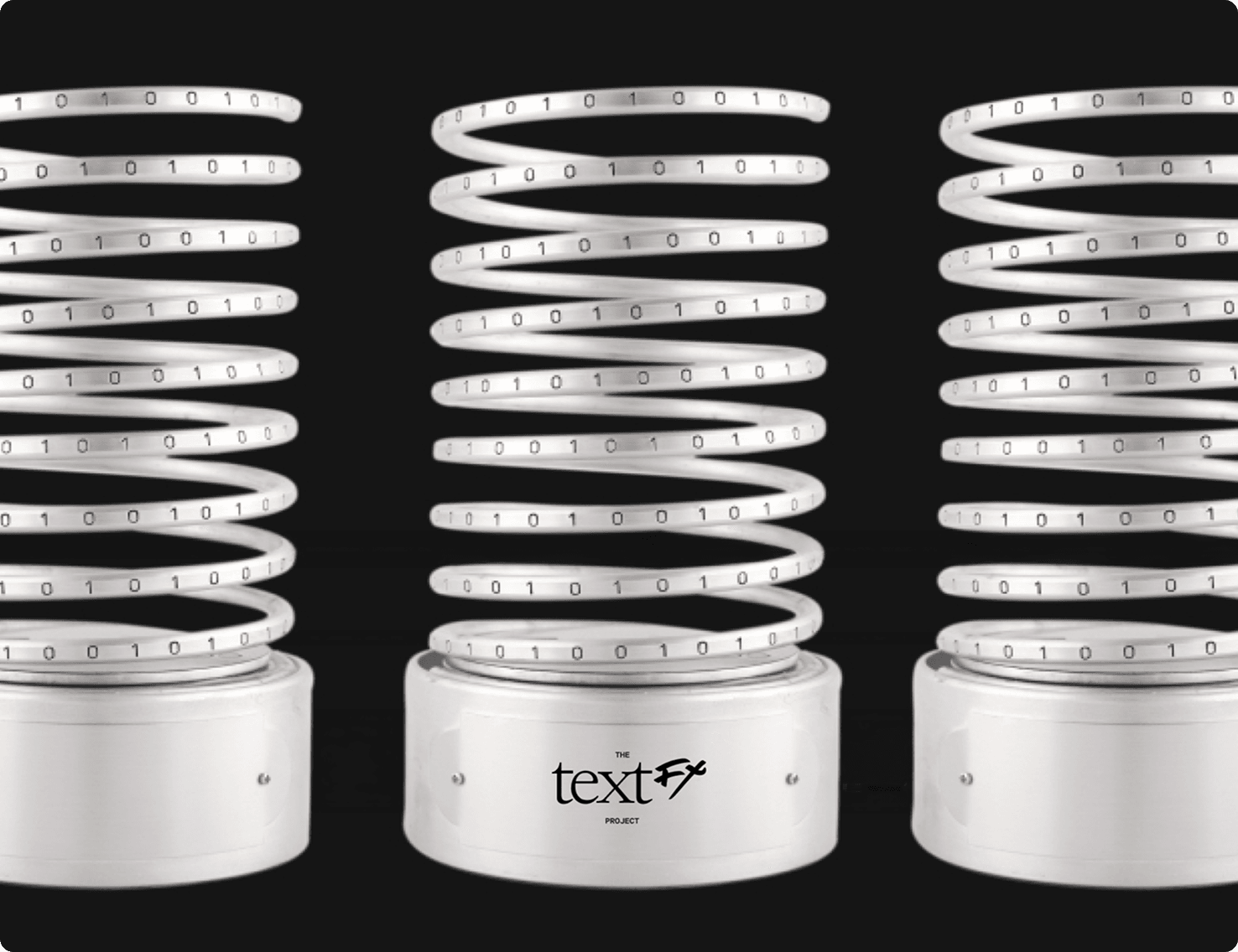 Three white bases with tall spiraling silver springs marked with binary digits, against a black background; center base shows the textfx branding.