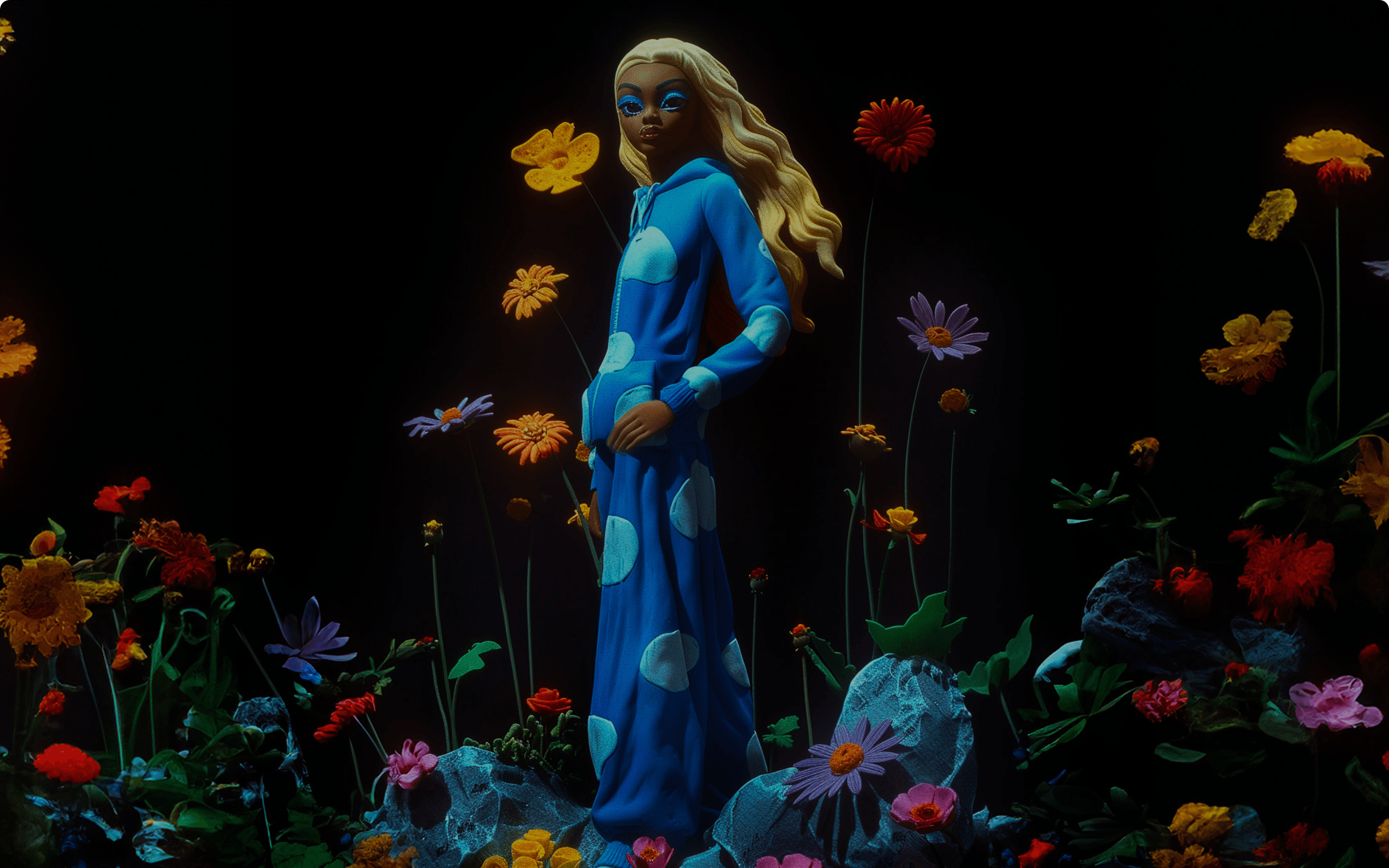 A doll-like figure with long blonde hair in a blue polka-dot tracksuit stands among colorful flowers against a dark background.
