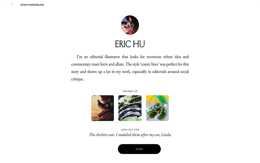Minimalist profile page with circular avatar, ERIC HU, a short bio, thumbnails, note about Cheshire cats modeled after Linda, and a Start button.