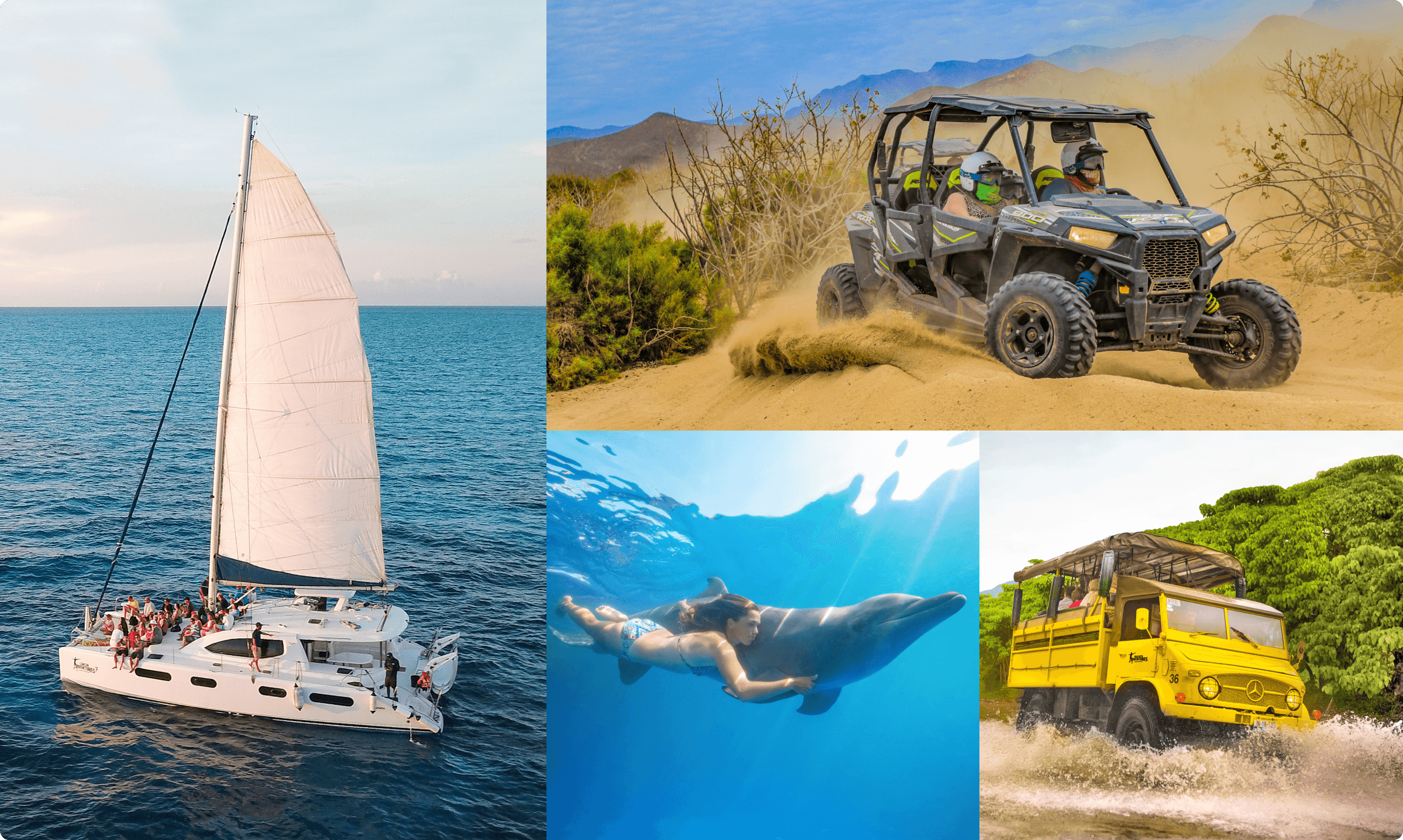 Collage of travel scenes: sailboat on a blue sea; dusty desert ATV; underwater swimmer with a dolphin; yellow bus splashing through a shallow river.